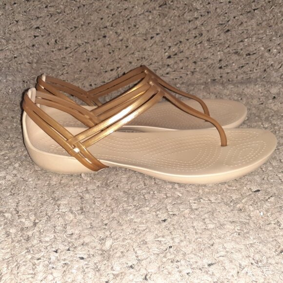 CROCS-Isabella Sandals Gold Tan T Strap Jelly Thong Slingback-Sz 9-Excellent - Picture 4 of 7
